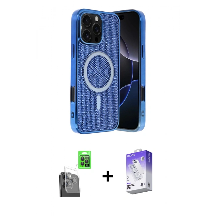 MARSİLYAN™- iPhone 16 Pro Max Kılıf Eksen Çizgi - Siyah Bilvis 5in1 3D Magic Cam Ekran Koruyucu + Raze Metal Kamera Lens - SH