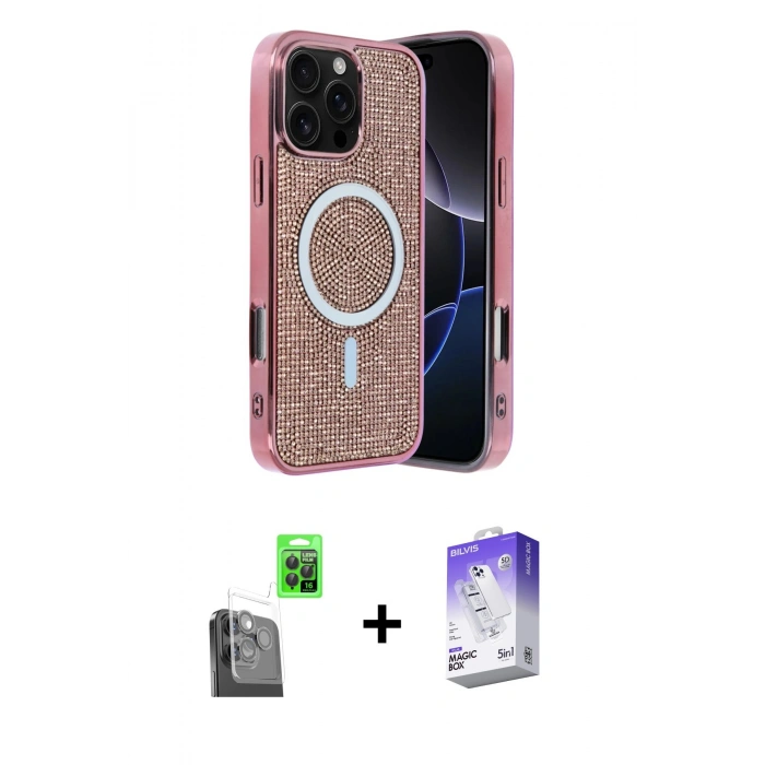 MARSİLYAN™- iPhone 16 Pro Max Kılıf Eksen Çizgi - Siyah Bilvis 5in1 3D Magic Cam Ekran Koruyucu + Raze Metal Kamera Lens - SH