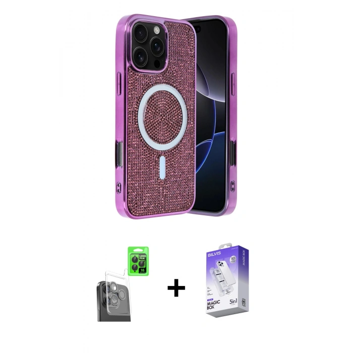 MARSİLYAN™- iPhone 16 Pro Max Kılıf Eksen Çizgi - Siyah Bilvis 5in1 3D Magic Cam Ekran Koruyucu + Raze Metal Kamera Lens - SH