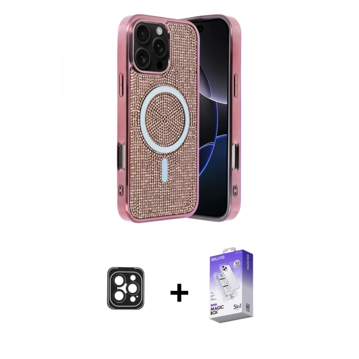 MARSİLYAN™- iPhone 16 Pro Max Kılıf Eksen Çizgi - Siyah Bilvis 5in1 3D Magic Cam Ekran Koruyucu + PVD Metal Kamera Lens - SH