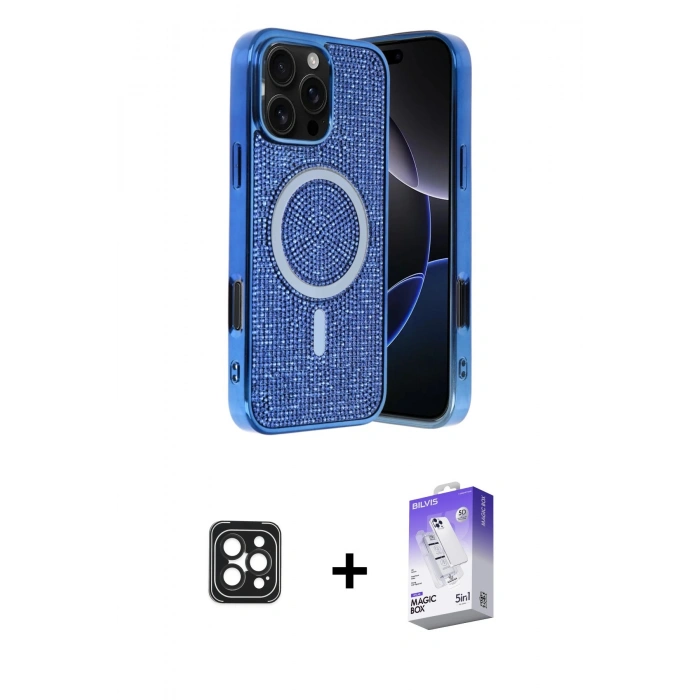 MARSİLYAN™- iPhone 16 Pro Max Kılıf Eksen Çizgi - Siyah Bilvis 5in1 3D Magic Cam Ekran Koruyucu + PVD Metal Kamera Lens - SH