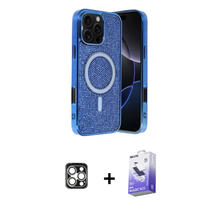 MARSİLYAN™- iPhone 16 Pro Max Kılıf Eksen Çizgi - Siyah Bilvis 5in1 5D Magic Hayalet Cam Ekran Koruyucu + PVD Metal Kamera Lens - GS
