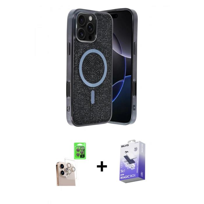 MARSİLYAN™- iPhone 16 Pro Max Kılıf Eksen Çizgi - Siyah Bilvis 5in1 5D Magic Hayalet Cam Ekran Koruyucu + Raze Metal Kamera Lens - NLGY