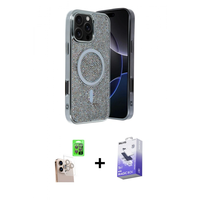 MARSİLYAN™- iPhone 16 Pro Max Kılıf Eksen Çizgi - Siyah Bilvis 5in1 5D Magic Hayalet Cam Ekran Koruyucu + Raze Metal Kamera Lens - NLGY