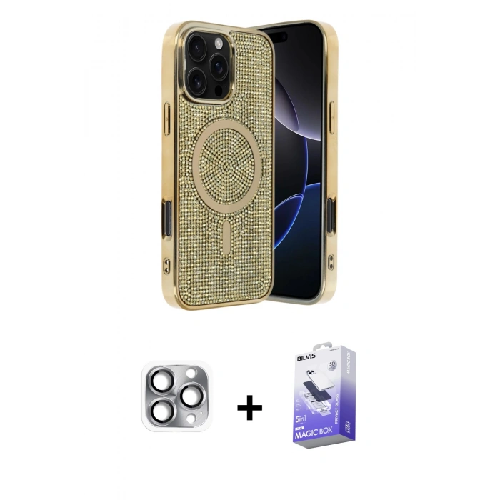 MARSİLYAN™- iPhone 16 Pro Max Kılıf Eksen Çizgi - Siyah Bilvis 5in1 5D Magic Hayalet Cam Ekran Koruyucu + Pers Alüminyum Kamera Lens - GI
