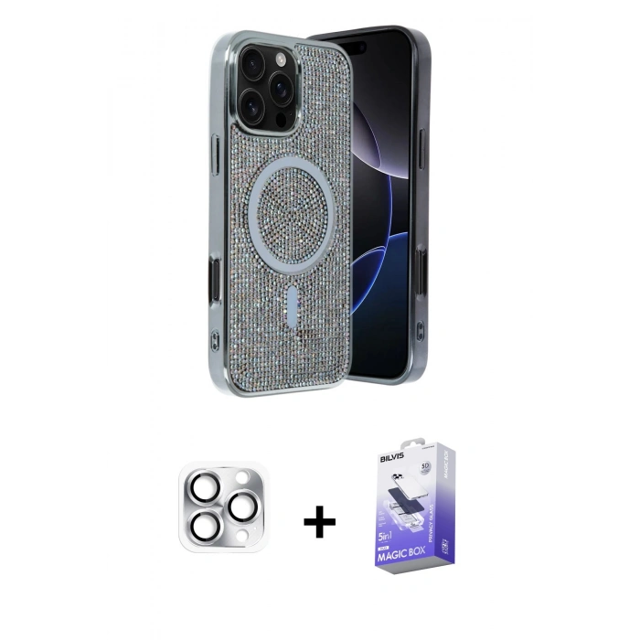 MARSİLYAN™- iPhone 16 Pro Max Kılıf Eksen Çizgi - Siyah Bilvis 5in1 5D Magic Hayalet Cam Ekran Koruyucu + Pers Alüminyum Kamera Lens - GS