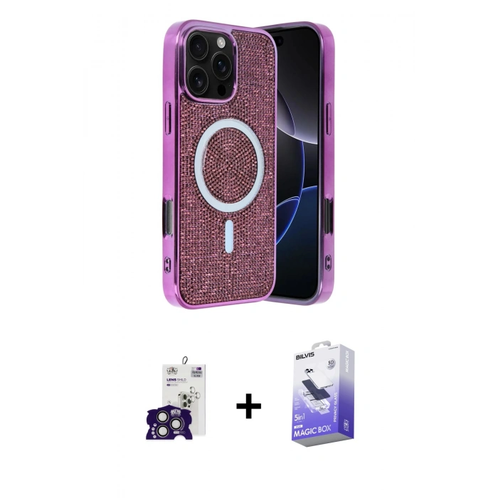 MARSİLYAN™- iPhone 16 Pro Max Kılıf Eksen Çizgi - Siyah Bilvis 5in1 5D Magic Hayalet Cam Ekran Koruyucu + Titanyum Gri Bilvis Titan Kamera Lens