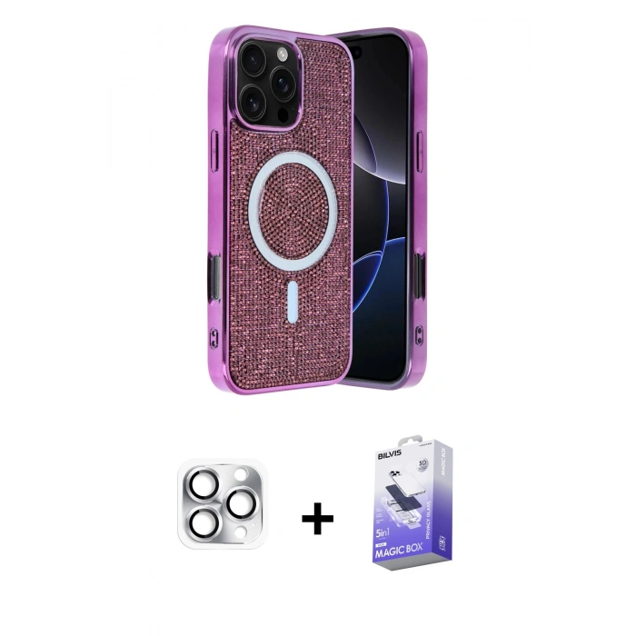 MARSİLYAN™- iPhone 16 Pro Max Kılıf Eksen Çizgi - Siyah Bilvis 5in1 5D Magic Hayalet Cam Ekran Koruyucu + Pers Alüminyum Kamera Lens - GS