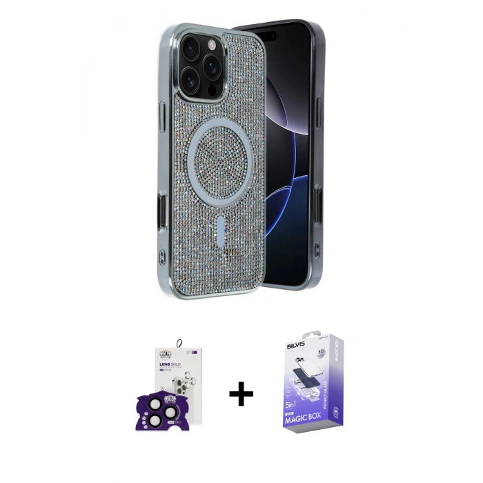 MARSİLYAN™- iPhone 16 Pro Max Kılıf Eksen Çizgi - Siyah Bilvis 5in1 5D Magic Hayalet Cam Ekran Koruyucu + Bilvis Titan Kamera Lens - SH