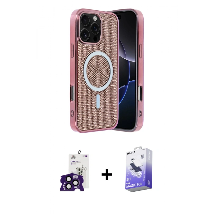MARSİLYAN™- iPhone 16 Pro Max Kılıf Eksen Çizgi - Siyah Bilvis 5in1 5D Magic Hayalet Cam Ekran Koruyucu + Bilvis Titan Kamera Lens - SH