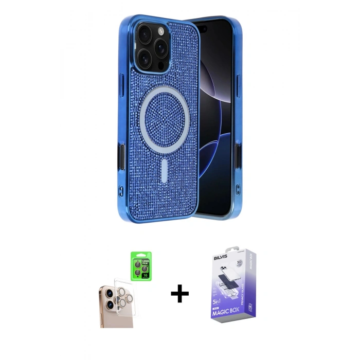 MARSİLYAN™- iPhone 16 Pro Max Kılıf Eksen Çizgi - Siyah Bilvis 5in1 5D Magic Hayalet Cam Ekran Koruyucu + Raze Metal Kamera Lens - NLGY