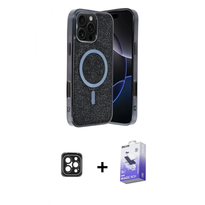 MARSİLYAN™- iPhone 16 Pro Max Kılıf Eksen Çizgi - Siyah Bilvis 5in1 5D Magic Hayalet Cam Ekran Koruyucu + PVD Metal Kamera Lens - SH