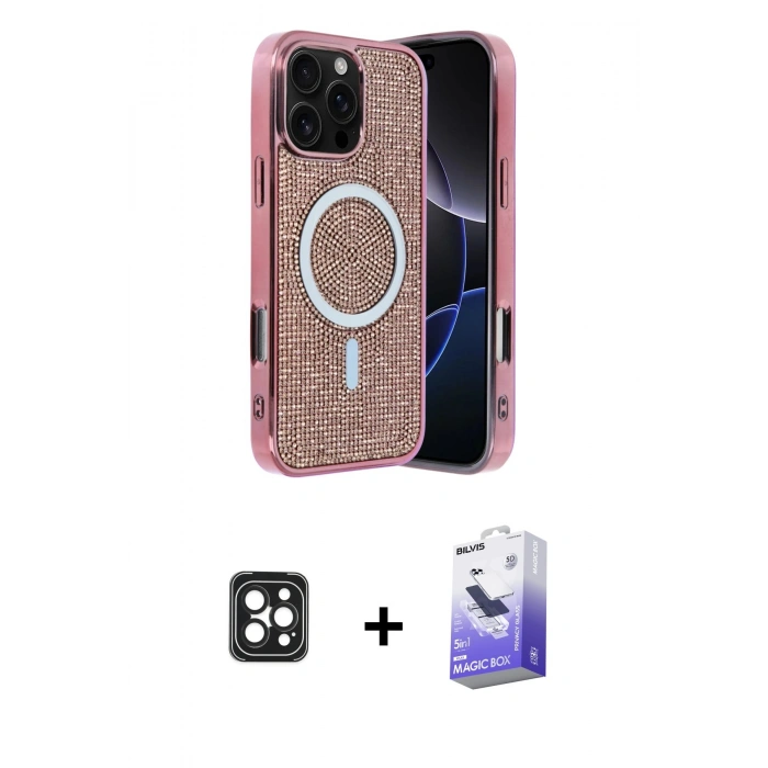 MARSİLYAN™- iPhone 16 Pro Max Kılıf Eksen Çizgi - Siyah Bilvis 5in1 5D Magic Hayalet Cam Ekran Koruyucu + PVD Metal Kamera Lens - SH