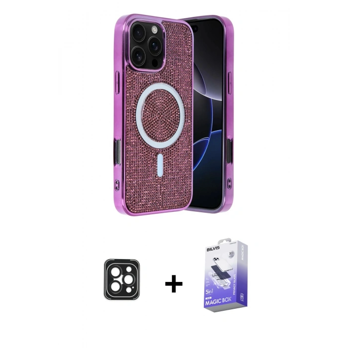 MARSİLYAN™- iPhone 16 Pro Max Kılıf Eksen Çizgi - Siyah Bilvis 5in1 5D Magic Hayalet Cam Ekran Koruyucu + PVD Metal Kamera Lens - SH