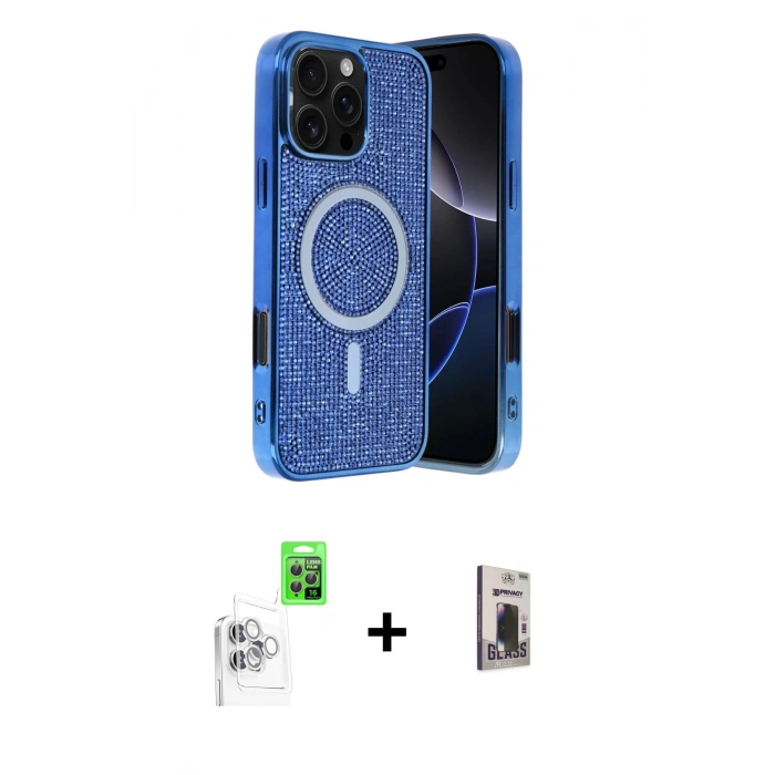 MARSİLYAN™- iPhone 16 Pro Max Kılıf Eksen Çizgi - Siyah Bilvis Hayalet Cam Ekran Koruyucu + Raze Metal Kamera Lens - BZ
