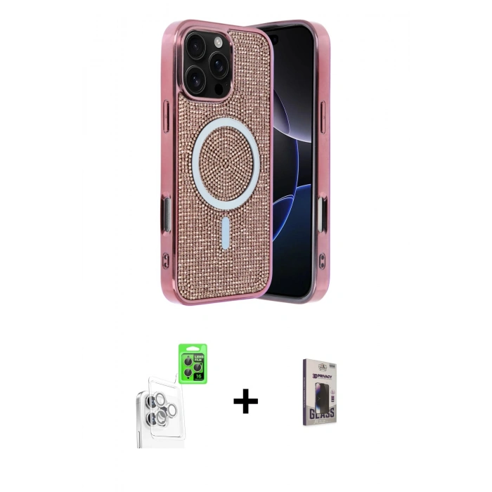 MARSİLYAN™- iPhone 16 Pro Max Kılıf Eksen Çizgi - Siyah Bilvis Hayalet Cam Ekran Koruyucu + Raze Metal Kamera Lens - BZ