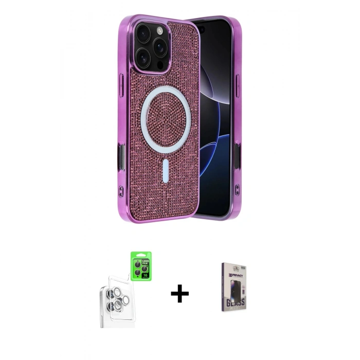 MARSİLYAN™- iPhone 16 Pro Max Kılıf Eksen Çizgi - Siyah Bilvis Hayalet Cam Ekran Koruyucu + Raze Metal Kamera Lens - BZ