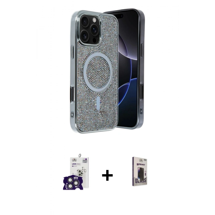 MARSİLYAN™- iPhone 16 Pro Max Kılıf Eksen Çizgi - Siyah Bilvis Hayalet Cam Ekran Koruyucu + Bilvis Titan Kamera Lens - TMGI