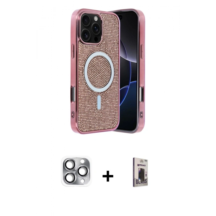 MARSİLYAN™- iPhone 16 Pro Max Kılıf Eksen Çizgi - Siyah Bilvis Hayalet Cam Ekran Koruyucu + Pers Alüminyum Kamera Lens - GI