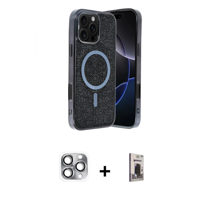 MARSİLYAN™- iPhone 16 Pro Max Kılıf Eksen Çizgi - Siyah Bilvis Hayalet Cam Ekran Koruyucu + Pers Alüminyum Kamera Lens - GI