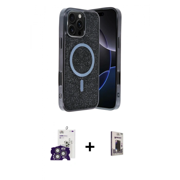 MARSİLYAN™- iPhone 16 Pro Max Kılıf Eksen Çizgi - Siyah Bilvis Hayalet Cam Ekran Koruyucu + Bilvis Titan Kamera Lens - GS