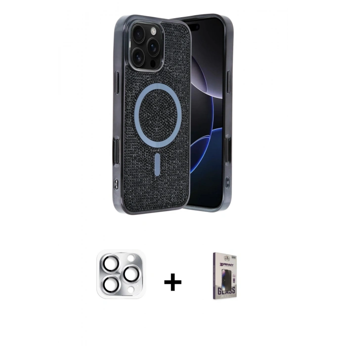 MARSİLYAN™- iPhone 16 Pro Max Kılıf Eksen Çizgi - Siyah Bilvis Hayalet Cam Ekran Koruyucu + Pers Alüminyum Kamera Lens - GS