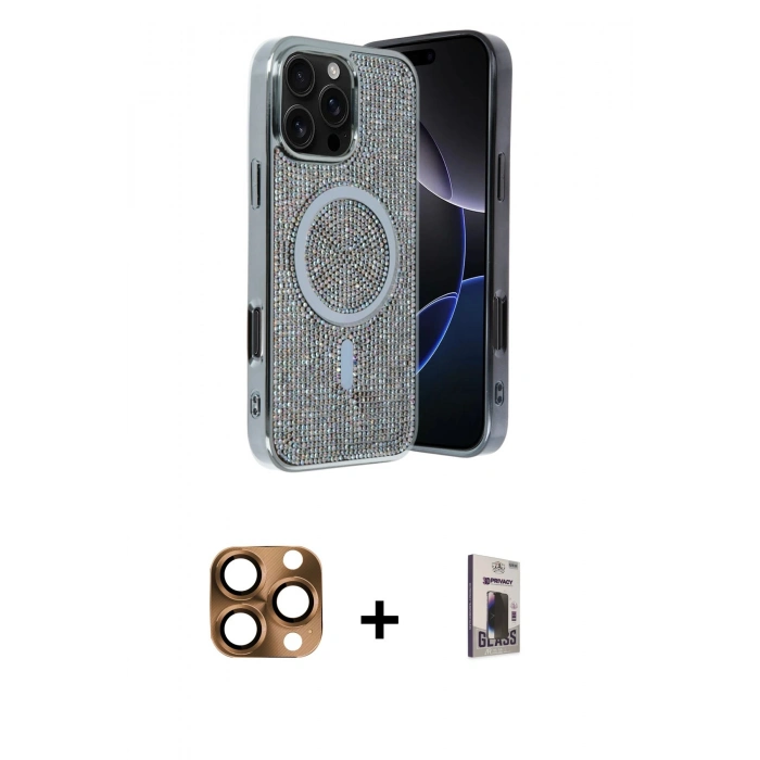 MARSİLYAN™- iPhone 16 Pro Max Kılıf Eksen Çizgi - Siyah Bilvis Hayalet Cam Ekran Koruyucu + Pers Alüminyum Kamera Lens - CLTM