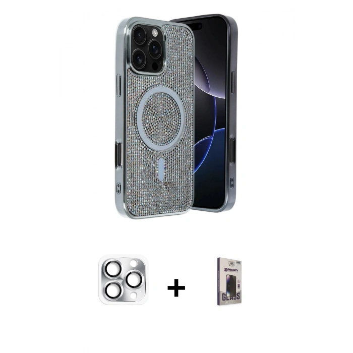 MARSİLYAN™- iPhone 16 Pro Max Kılıf Eksen Çizgi - Siyah Bilvis Hayalet Cam Ekran Koruyucu + Pers Alüminyum Kamera Lens - GS