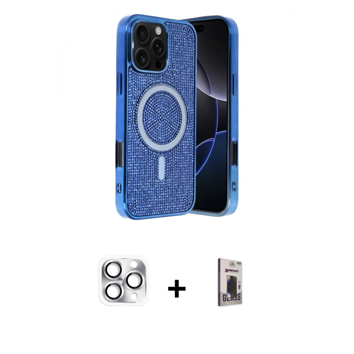 MARSİLYAN™- iPhone 16 Pro Max Kılıf Eksen Çizgi - Siyah Bilvis Hayalet Cam Ekran Koruyucu + Pers Alüminyum Kamera Lens - GS