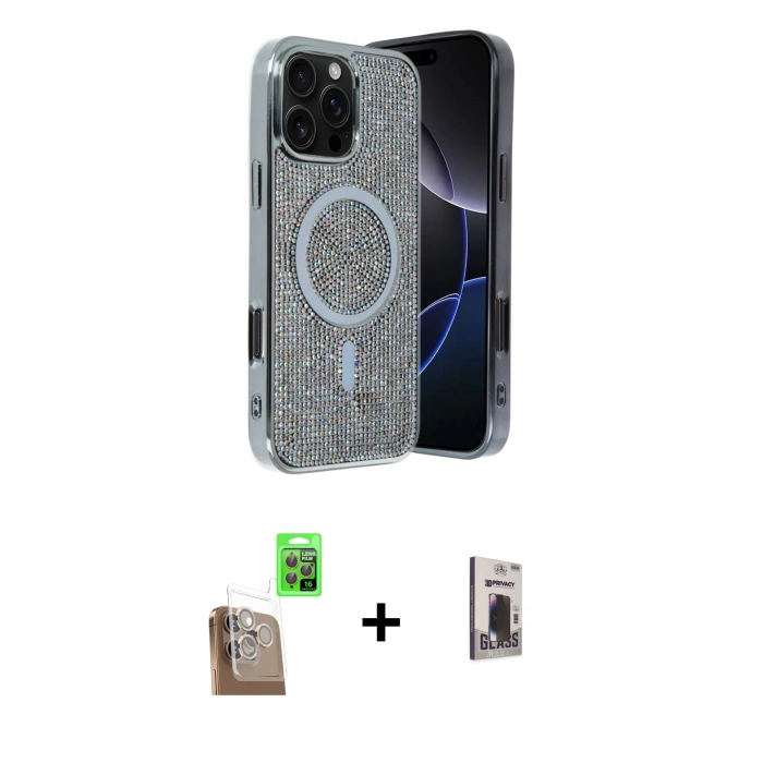 MARSİLYAN™- iPhone 16 Pro Max Kılıf Eksen Çizgi - Siyah Bilvis Hayalet Cam Ekran Koruyucu + Raze Metal Kamera Lens - CLTM