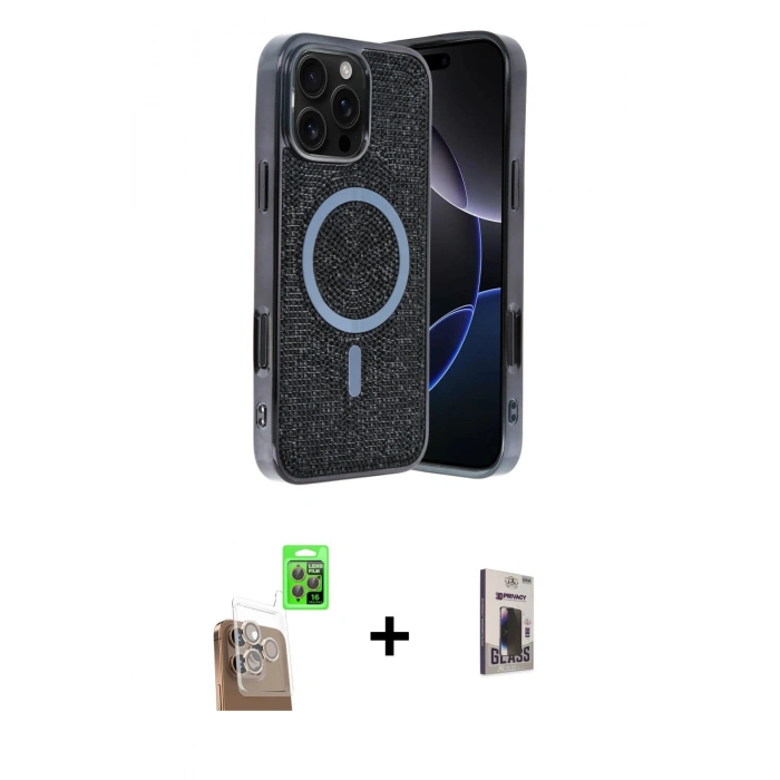 MARSİLYAN™- iPhone 16 Pro Max Kılıf Eksen Çizgi - Siyah Bilvis Hayalet Cam Ekran Koruyucu + Raze Metal Kamera Lens - CLTM