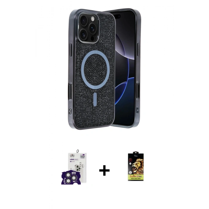MARSİLYAN™- iPhone 16 Pro Max Kılıf Eksen Çizgi - Siyah Buffer Cam Ekran Koruyucu + Bilvis Titan Kamera Lens - TMGI