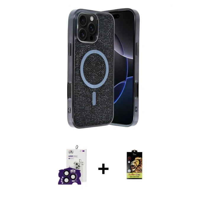 MARSİLYAN™- iPhone 16 Pro Max Kılıf Eksen Çizgi - Siyah Buffer Cam Ekran Koruyucu + Bilvis Titan Kamera Lens - SH