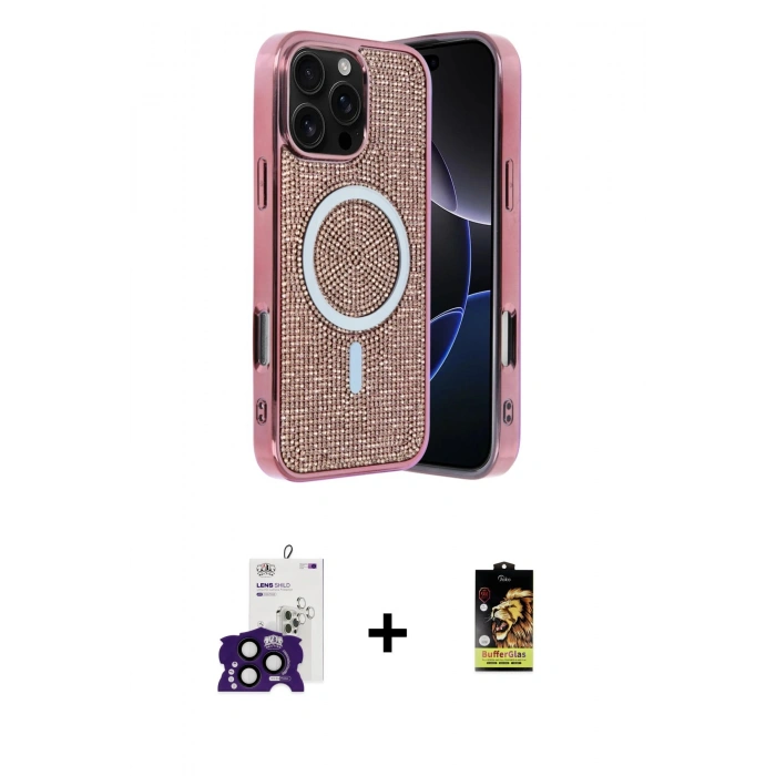 MARSİLYAN™- iPhone 16 Pro Max Kılıf Eksen Çizgi - Siyah Buffer Cam Ekran Koruyucu + Bilvis Titan Kamera Lens - SH