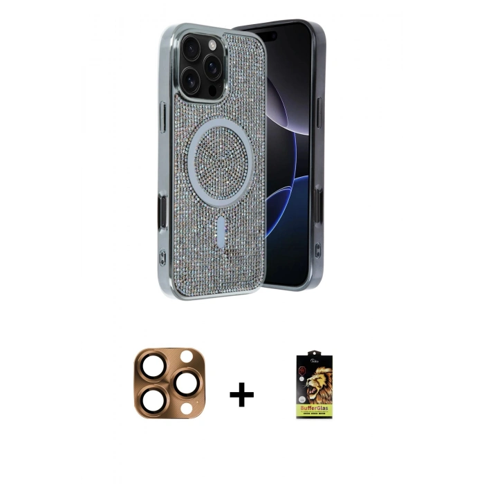 MARSİLYAN™- iPhone 16 Pro Max Kılıf Eksen Çizgi - Siyah Buffer Cam Ekran Koruyucu + Pers Alüminyum Kamera Lens - CLTM