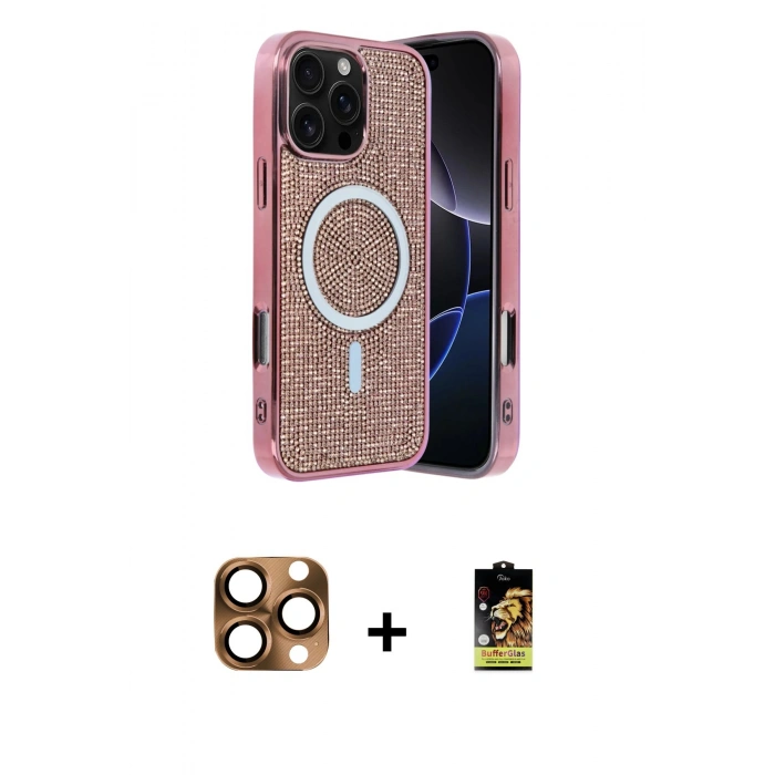 MARSİLYAN™- iPhone 16 Pro Max Kılıf Eksen Çizgi - Siyah Buffer Cam Ekran Koruyucu + Pers Alüminyum Kamera Lens - CLTM