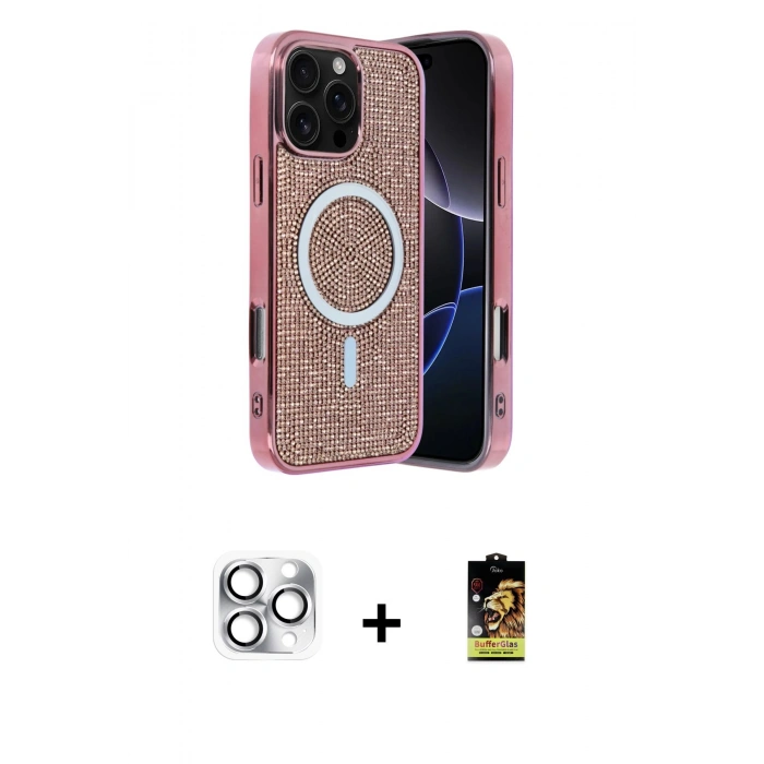 MARSİLYAN™- iPhone 16 Pro Max Kılıf Eksen Çizgi - Siyah Buffer Cam Ekran Koruyucu + Pers Alüminyum Kamera Lens - GS