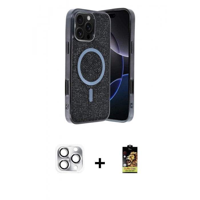 MARSİLYAN™- iPhone 16 Pro Max Kılıf Eksen Çizgi - Siyah Buffer Cam Ekran Koruyucu + Pers Alüminyum Kamera Lens - GS