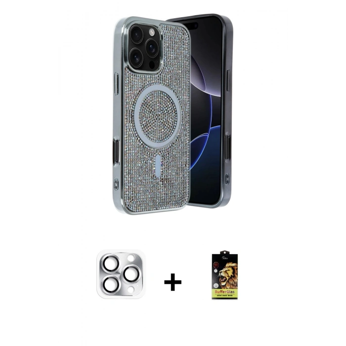 MARSİLYAN™- iPhone 16 Pro Max Kılıf Eksen Çizgi - Siyah Buffer Cam Ekran Koruyucu + Pers Alüminyum Kamera Lens - GS
