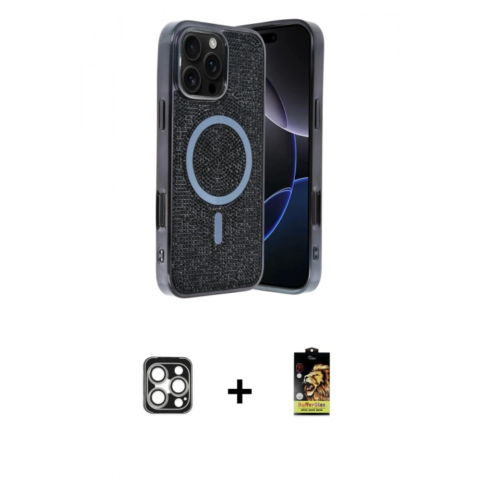 MARSİLYAN™- iPhone 16 Pro Max Kılıf Eksen Çizgi - Siyah Buffer Cam Ekran Koruyucu + PVD Metal Kamera Lens - GS