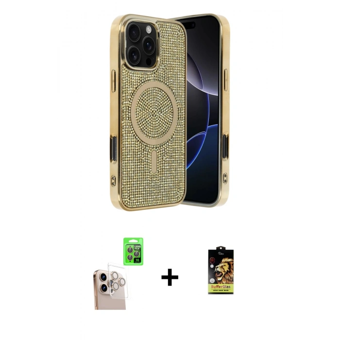 MARSİLYAN™- iPhone 16 Pro Max Kılıf Eksen Çizgi - Siyah Buffer Cam Ekran Koruyucu + Natural Grey Raze Metal Kamera Lens
