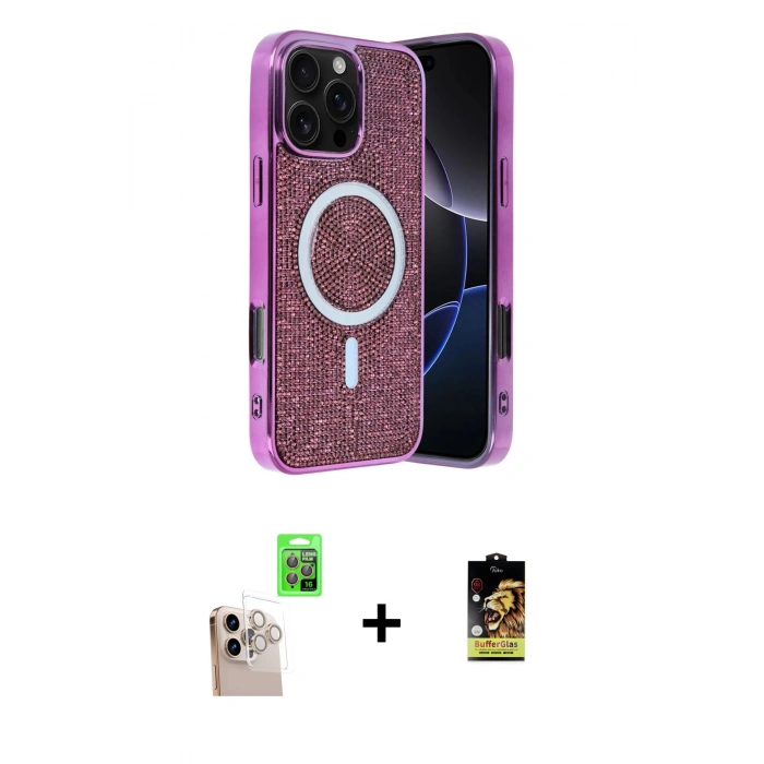 MARSİLYAN™- iPhone 16 Pro Max Kılıf Eksen Çizgi - Siyah Buffer Cam Ekran Koruyucu + Natural Grey Raze Metal Kamera Lens