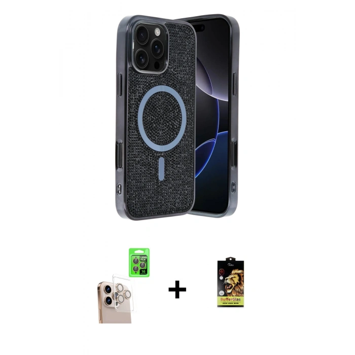 MARSİLYAN™- iPhone 16 Pro Max Kılıf Eksen Çizgi - Siyah Buffer Cam Ekran Koruyucu + Natural Grey Raze Metal Kamera Lens
