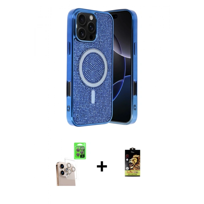 MARSİLYAN™- iPhone 16 Pro Max Kılıf Eksen Çizgi - Siyah Buffer Cam Ekran Koruyucu + Natural Grey Raze Metal Kamera Lens