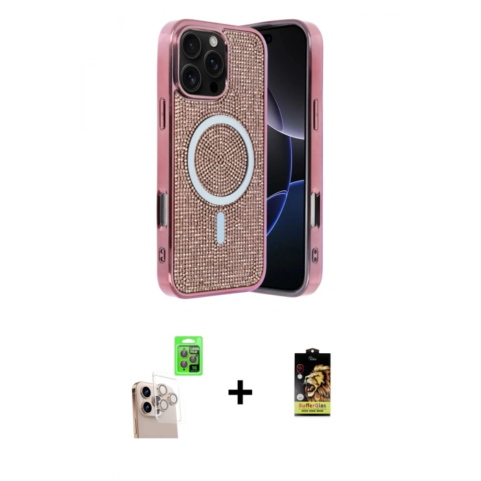 MARSİLYAN™- iPhone 16 Pro Max Kılıf Eksen Çizgi - Siyah Buffer Cam Ekran Koruyucu + Natural Grey Raze Metal Kamera Lens