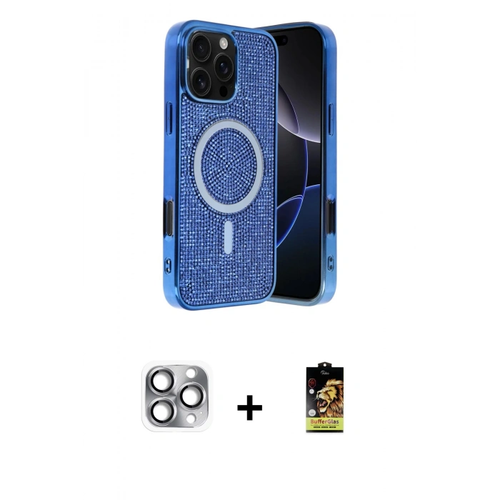 MARSİLYAN™- iPhone 16 Pro Max Kılıf Eksen Çizgi - Siyah Buffer Cam Ekran Koruyucu + Pers Alüminyum Kamera Lens - GI