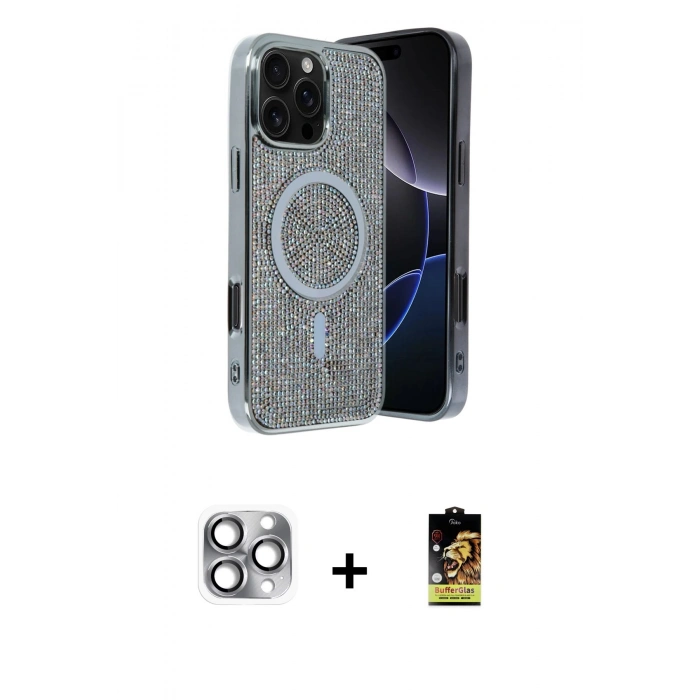 MARSİLYAN™- iPhone 16 Pro Max Kılıf Eksen Çizgi - Siyah Buffer Cam Ekran Koruyucu + Pers Alüminyum Kamera Lens - GI