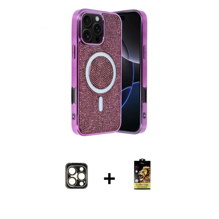 MARSİLYAN™- iPhone 16 Pro Max Kılıf Eksen Çizgi - Siyah Buffer Cam Ekran Koruyucu + PVD Metal Kamera Lens - GD