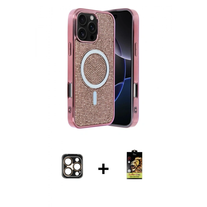 MARSİLYAN™- iPhone 16 Pro Max Kılıf Eksen Çizgi - Siyah Buffer Cam Ekran Koruyucu + PVD Metal Kamera Lens - GD