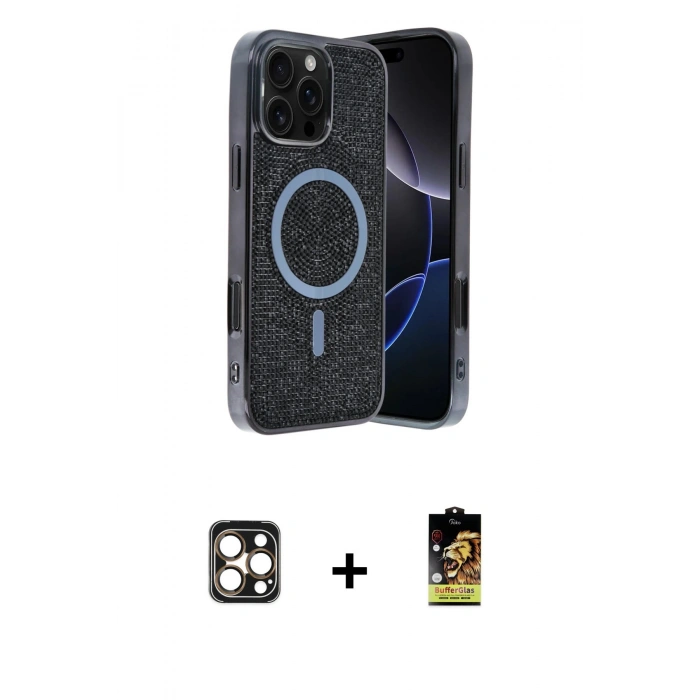 MARSİLYAN™- iPhone 16 Pro Max Kılıf Eksen Çizgi - Siyah Buffer Cam Ekran Koruyucu + PVD Metal Kamera Lens - GD